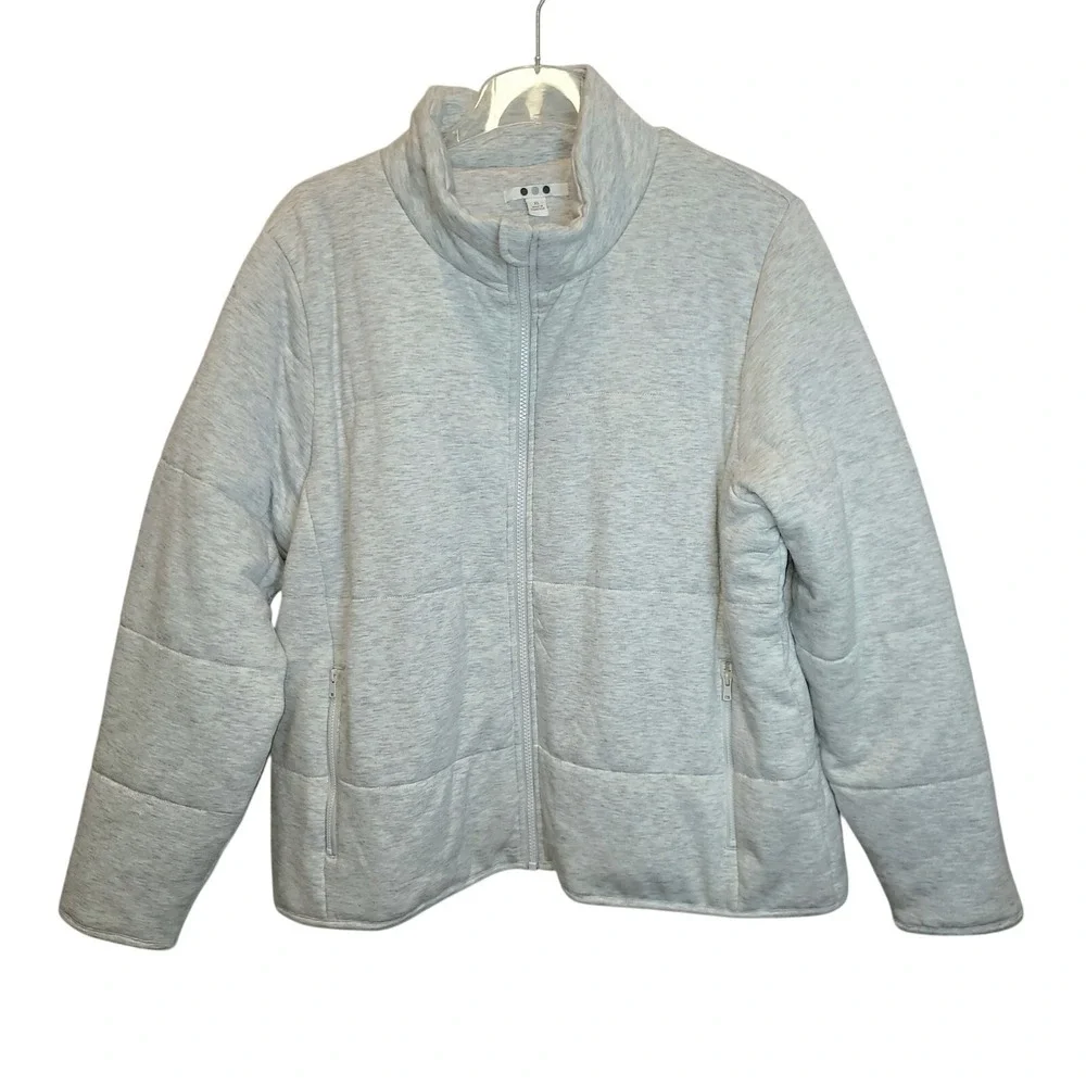 Three Dots Knit Puffer Jacket Full Zip Womens Sz XL Oatmeal Cream Zip Pockets‎